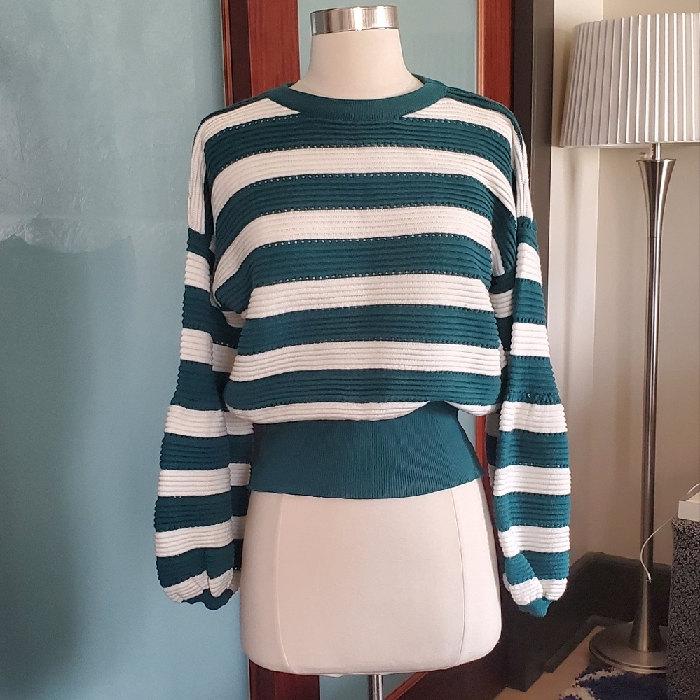 Green and Cream Cotton Stripped Sweather with Balloon Sleeves